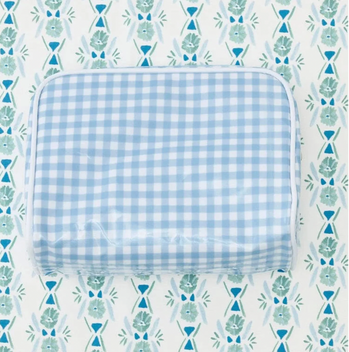 Small Patterned Toiletry Bag in Blue Gingham