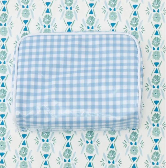 Small Patterned Toiletry Bag in Blue Gingham