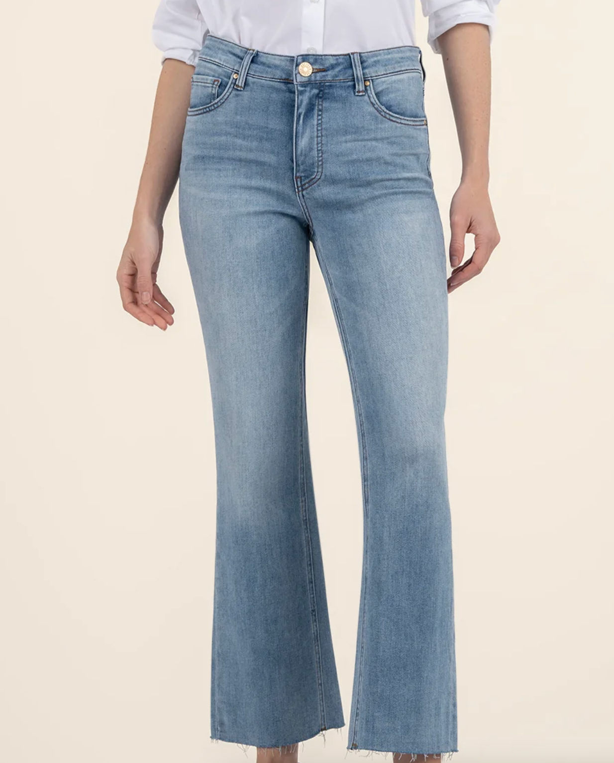 Kelsey High Rise Flare-Inset Leg Fab Ab Technology Stretch Denim Jeans Wonderful Wash