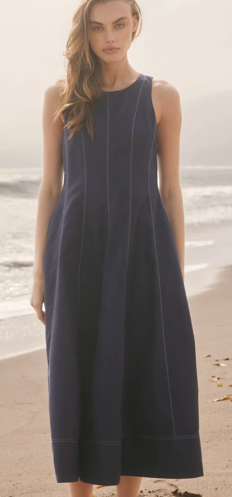Navy Linen Stitch Detail Midi Dress