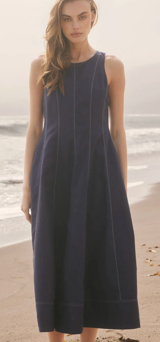 Navy Linen Stitch Detail Midi Dress