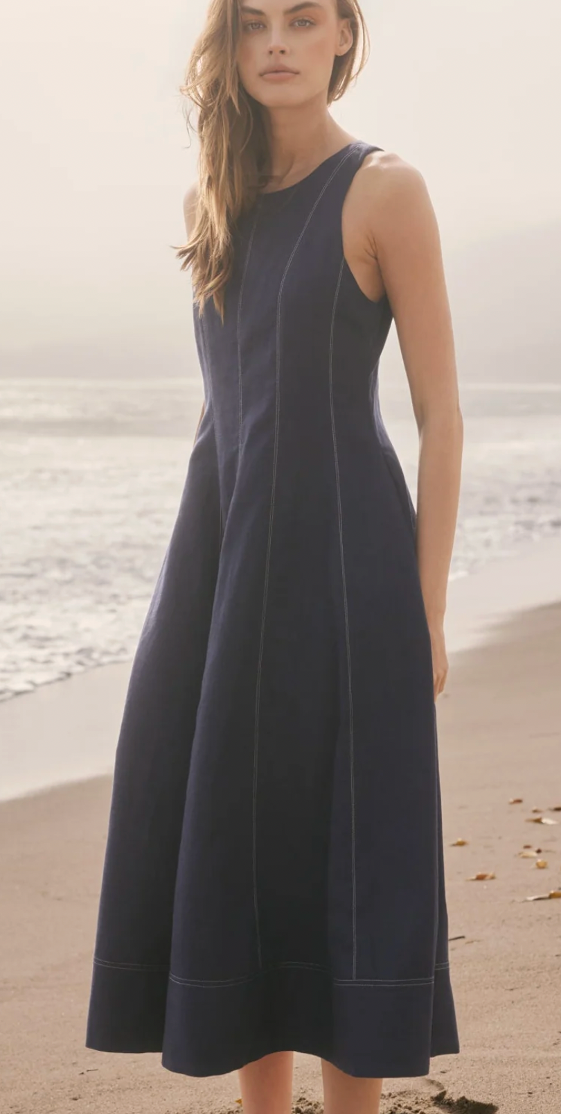 Navy Linen Stitch Detail Midi Dress