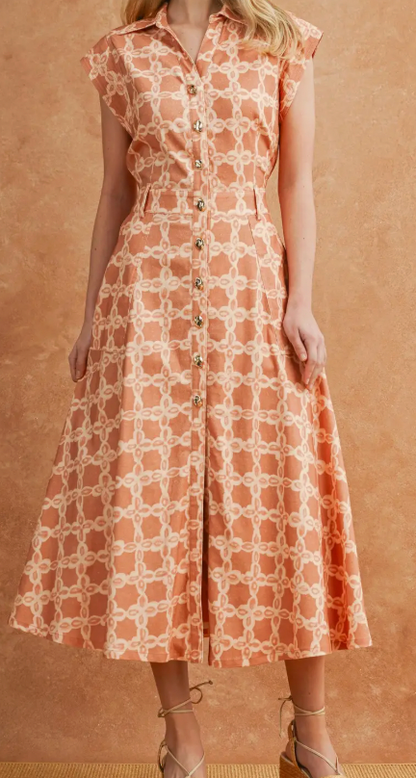 Tan Print Button Down Dress