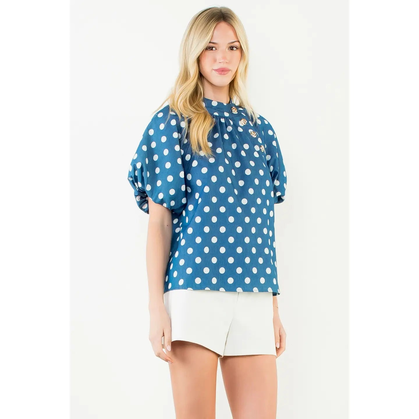 Puff Sleeve Polka Dot Mock Neck Top