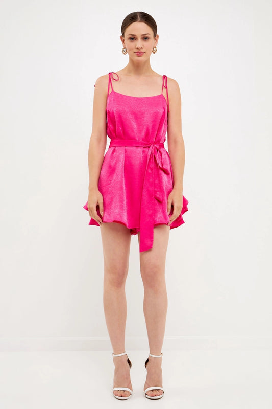 Spaghetti Tie Belted Romper Dress