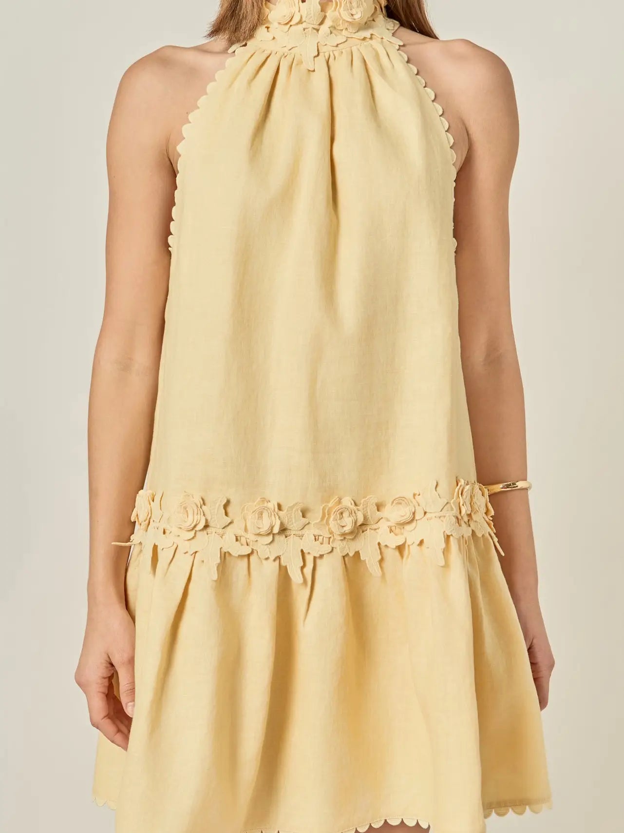 Halter Neck Floral Detail Mini Dress Butter Yellow