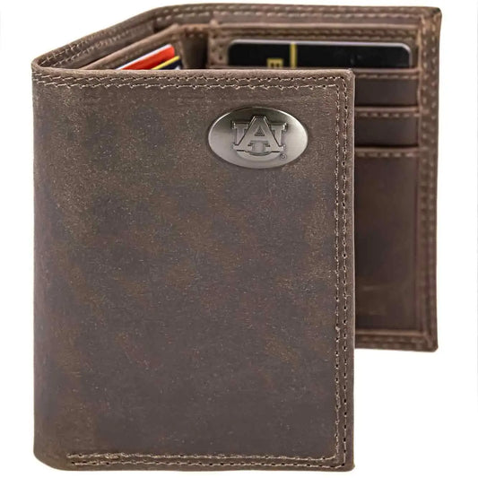 Auburn Tigers Men's Collegiate Trifold Leather Wallet Crazyhorse Brown