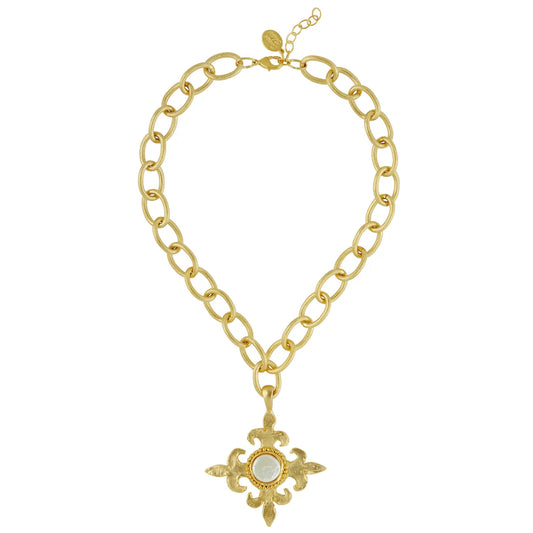 Gold Fleur Cross + Pearl Loop Chain Necklace