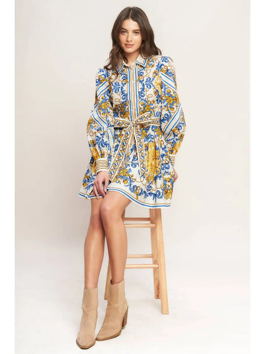 Blue Floral Woven Mini Dress