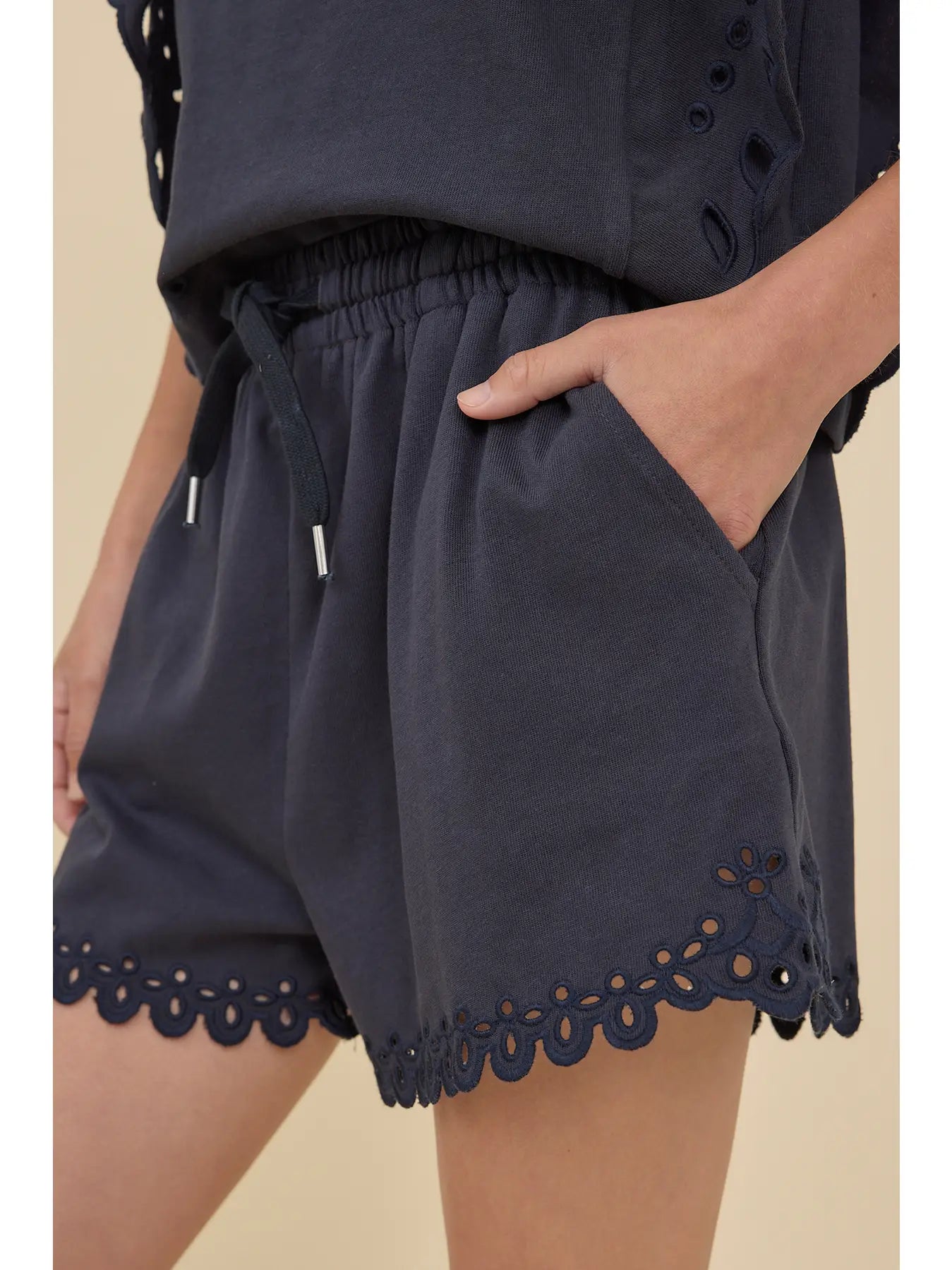 Scallop Eyelet Trim Drawstring Shorts