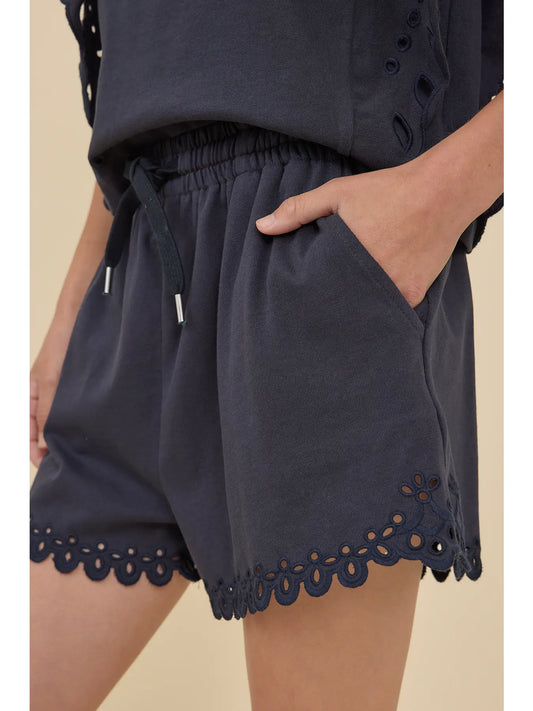 Scallop Eyelet Trim Drawstring Shorts