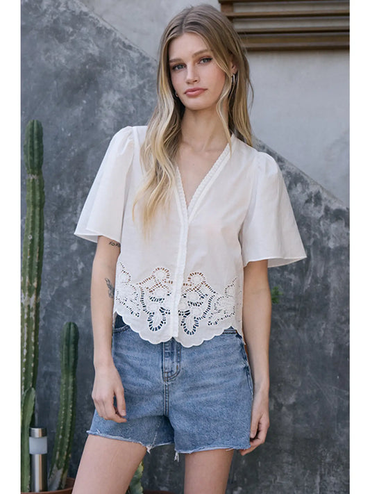 Embroidered Scallop Hem Puff Sleeve Blouse