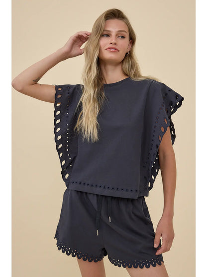 French Terry Scallop Eyelet Flutter Sleeve Top