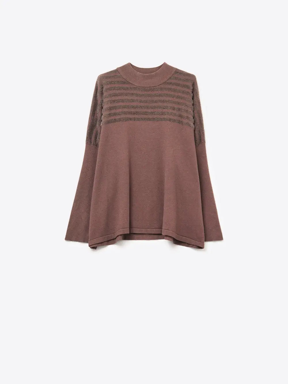 Brown Knit Sweater with Fluffy Stripe Detail