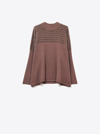 Brown Knit Sweater with Fluffy Stripe Detail