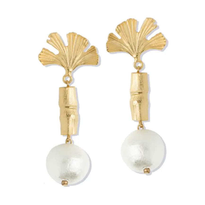 Gold Ginkgo, Bamboo & Cotton Pearl Earring