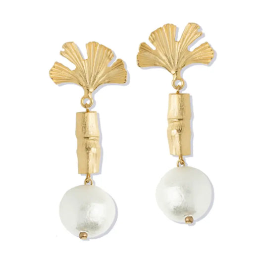 Gold Ginkgo, Bamboo & Cotton Pearl Earring