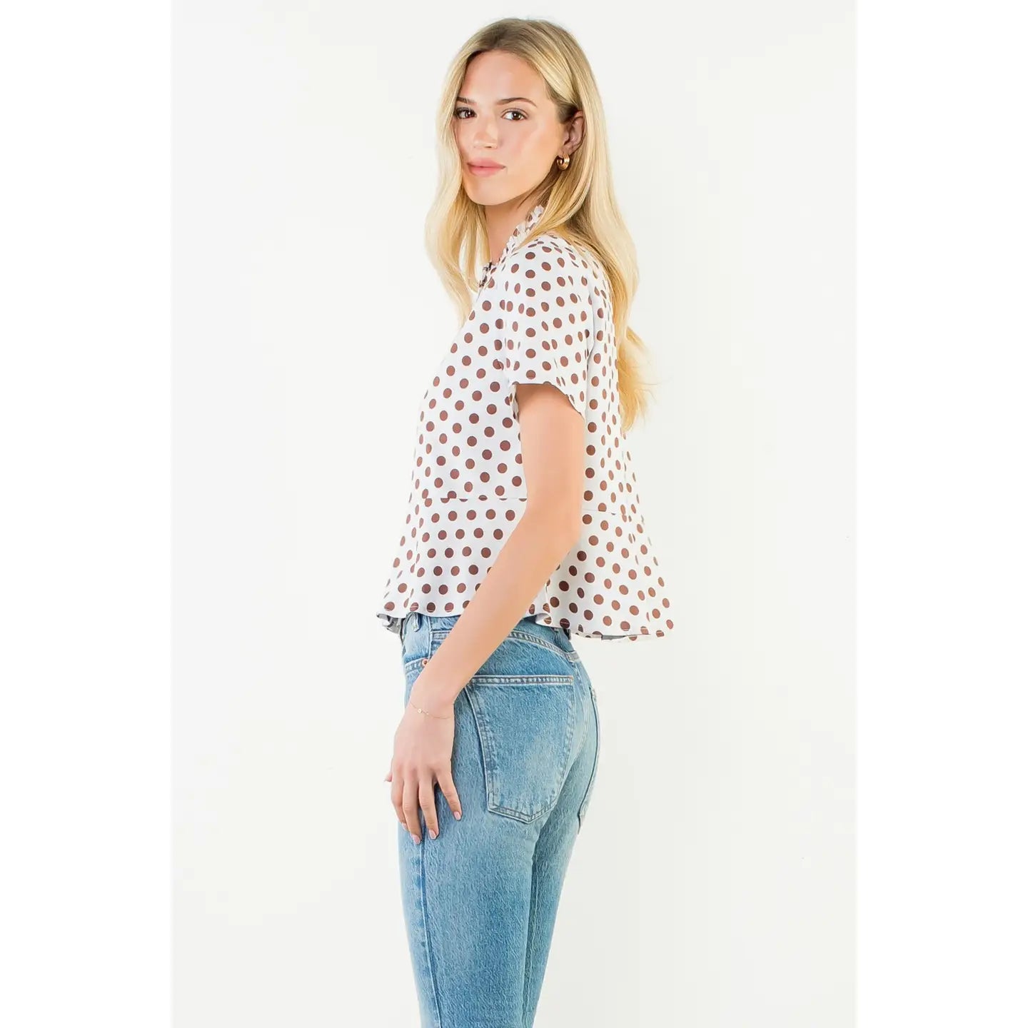 Short Sleeve Polka Dot Button Down Top