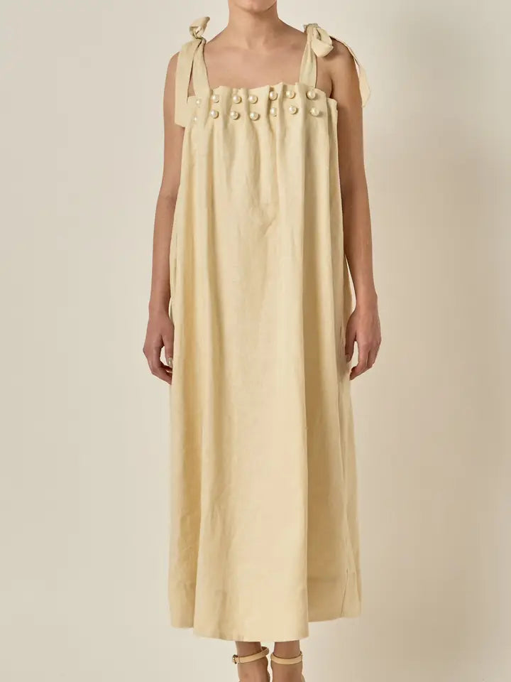 Pearl Detailed Midi Linen Dress