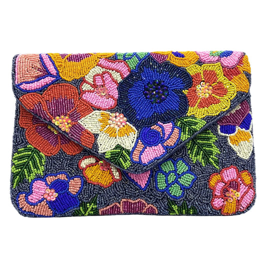 Multi-Color Spring Florals Velvet Beaded Clutch