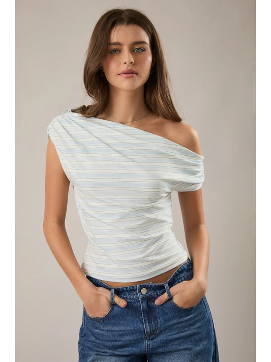 One Side Off Shoulder Stripe Printed Knit Top White/Lt Blue Stripe