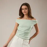 Stripe Off the Shoulder Double Lined Top with Ruching Green/White Stripe