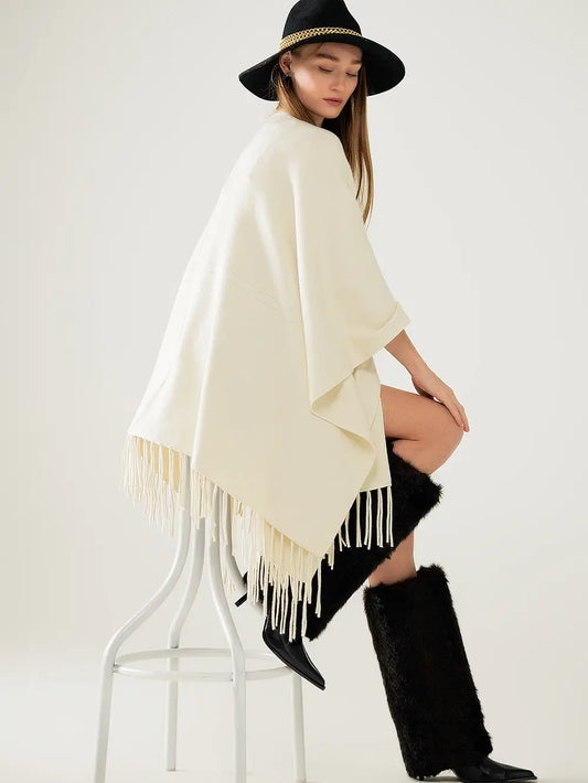 Soft Knitted Poncho in Beige with Fringe