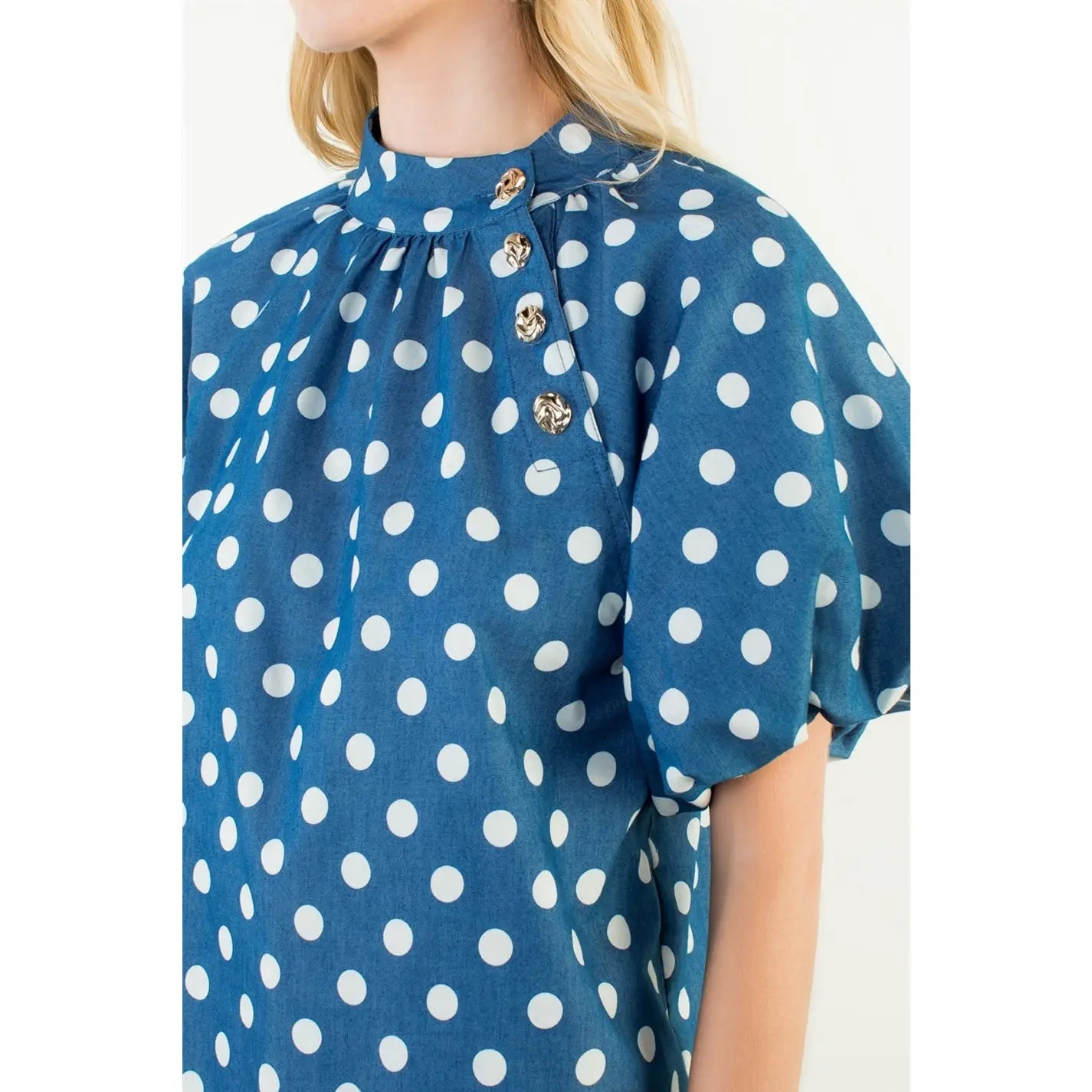 Puff Sleeve Polka Dot Mock Neck Top