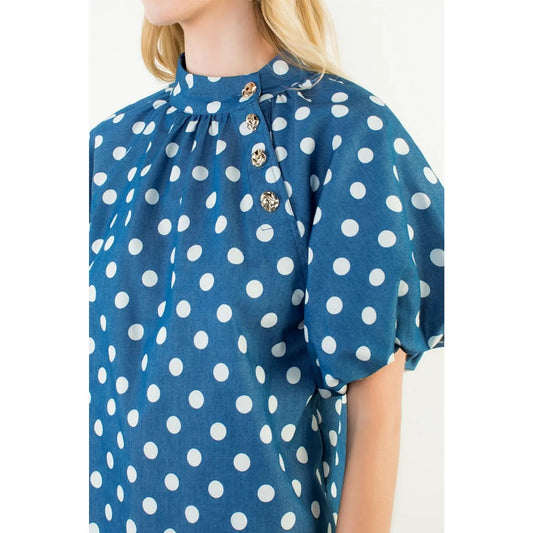 Puff Sleeve Polka Dot Mock Neck Top