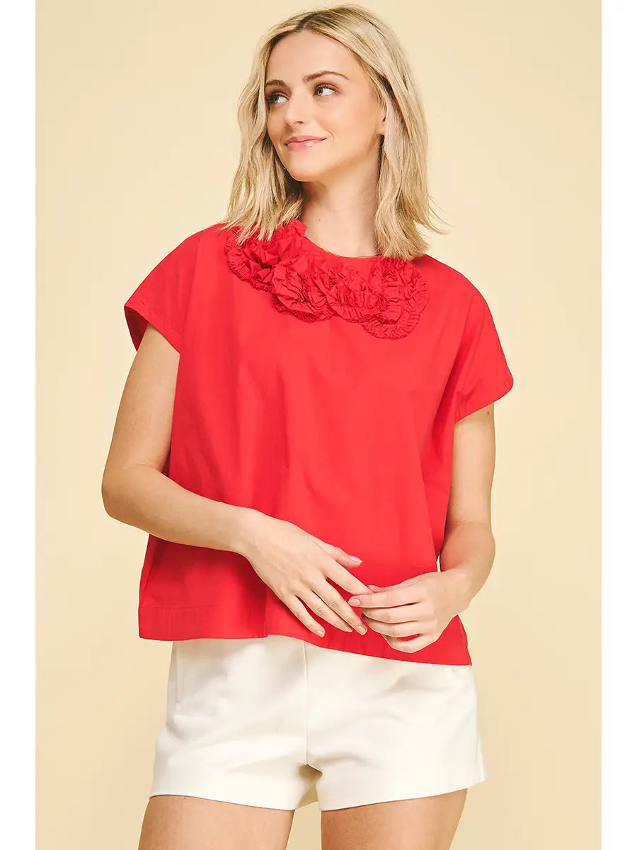 Red Cap Sleeve Blouse Top with Floral Embroidered Detail