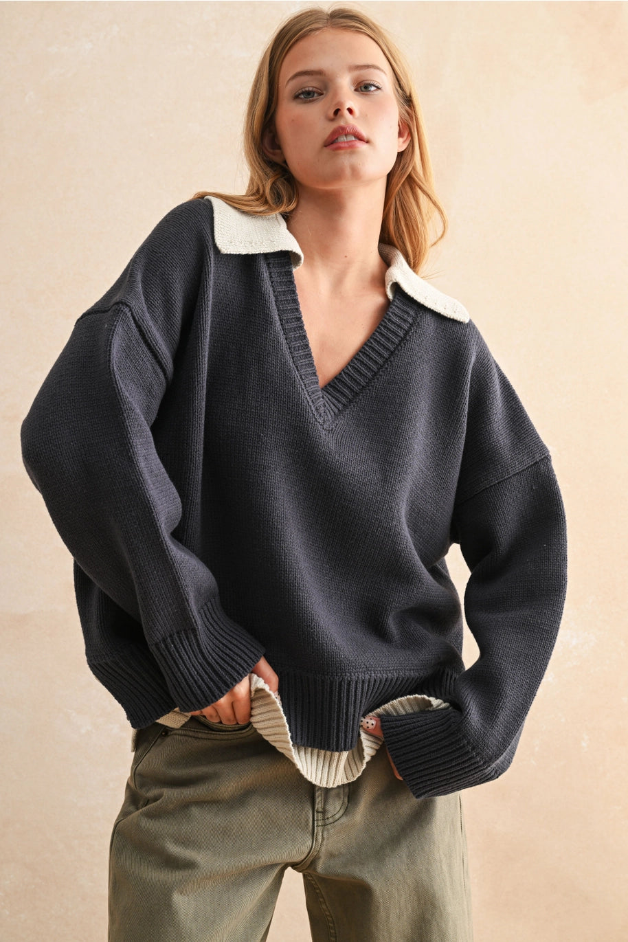 Navy V Neck Sweater Top