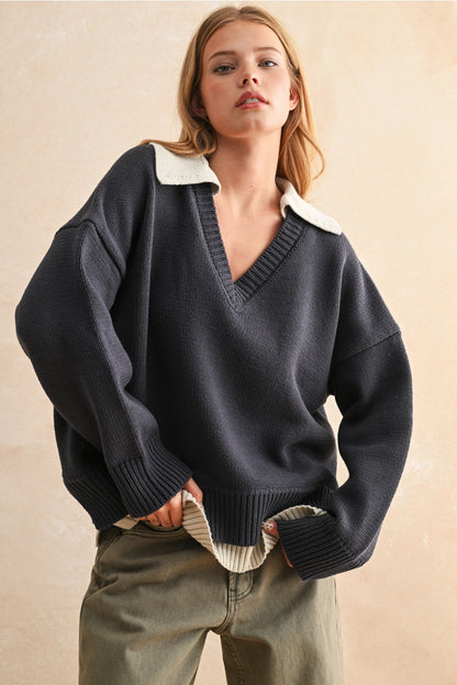 Navy V Neck Sweater Top
