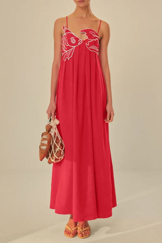 Fish Embroidered Maxi Slip Dress