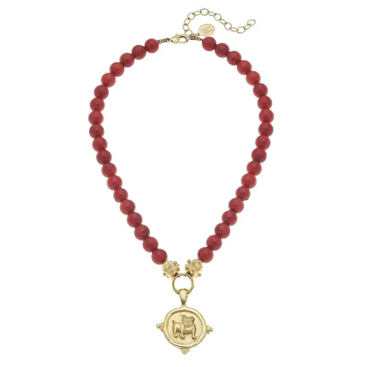 Gold Bulldog on Genuine Red Coral Necklace