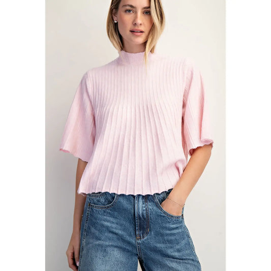Short-Sleeve Mock-Neck Swing Sweater