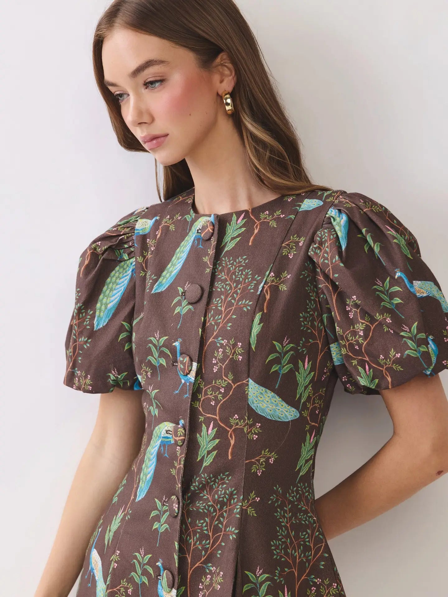 Peacock Print Puff Sleeve Button Down Mini Dress
