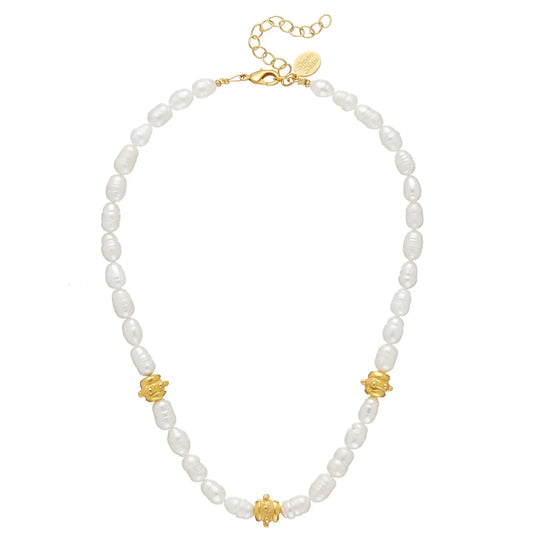 Freshwater Pearl with Handcast Gold Bentley Beads Necklace