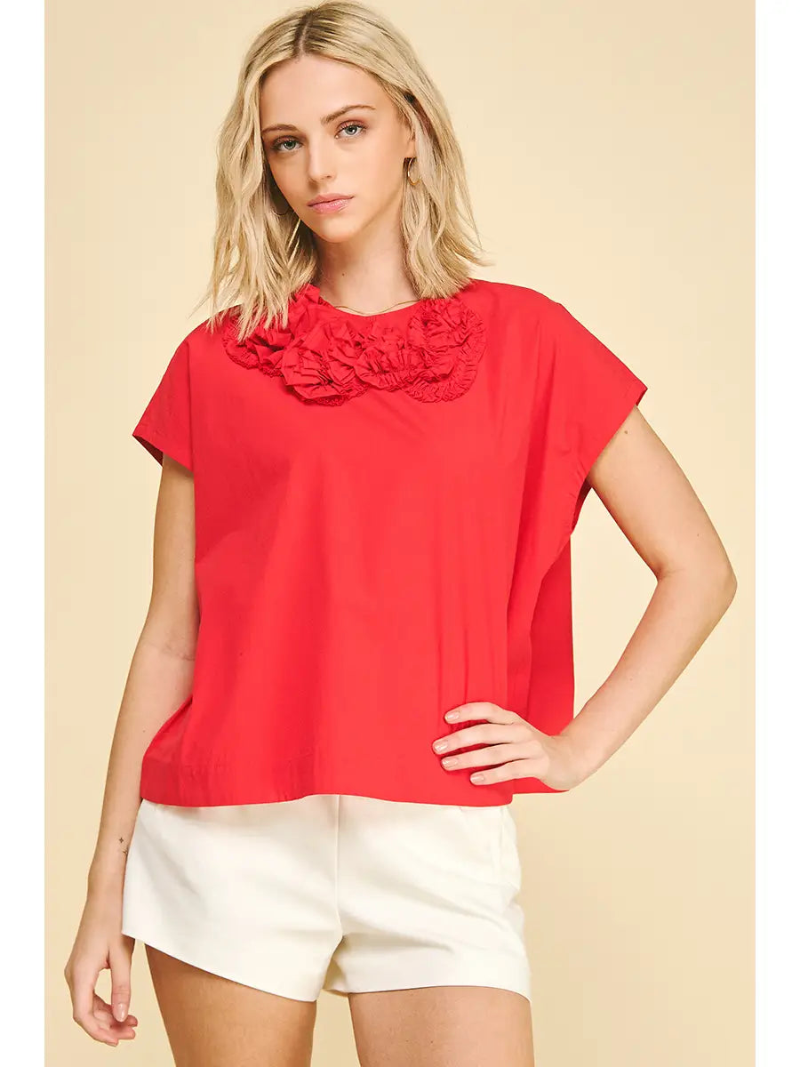 Red Cap Sleeve Blouse Top with Floral Embroidered Detail