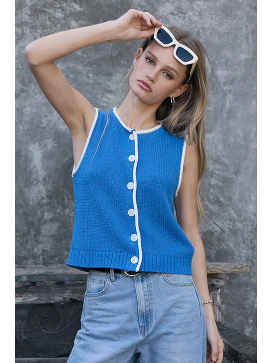 Contrast Trim Knit Button Vest