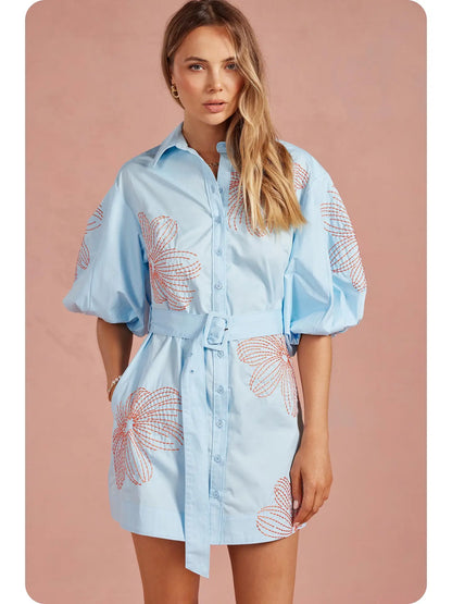 Embroidered Puff Sleeve Belted Mini Shirt Dress