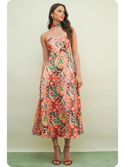 Garden Party Strapless Satin Midi Dress with Scarf
