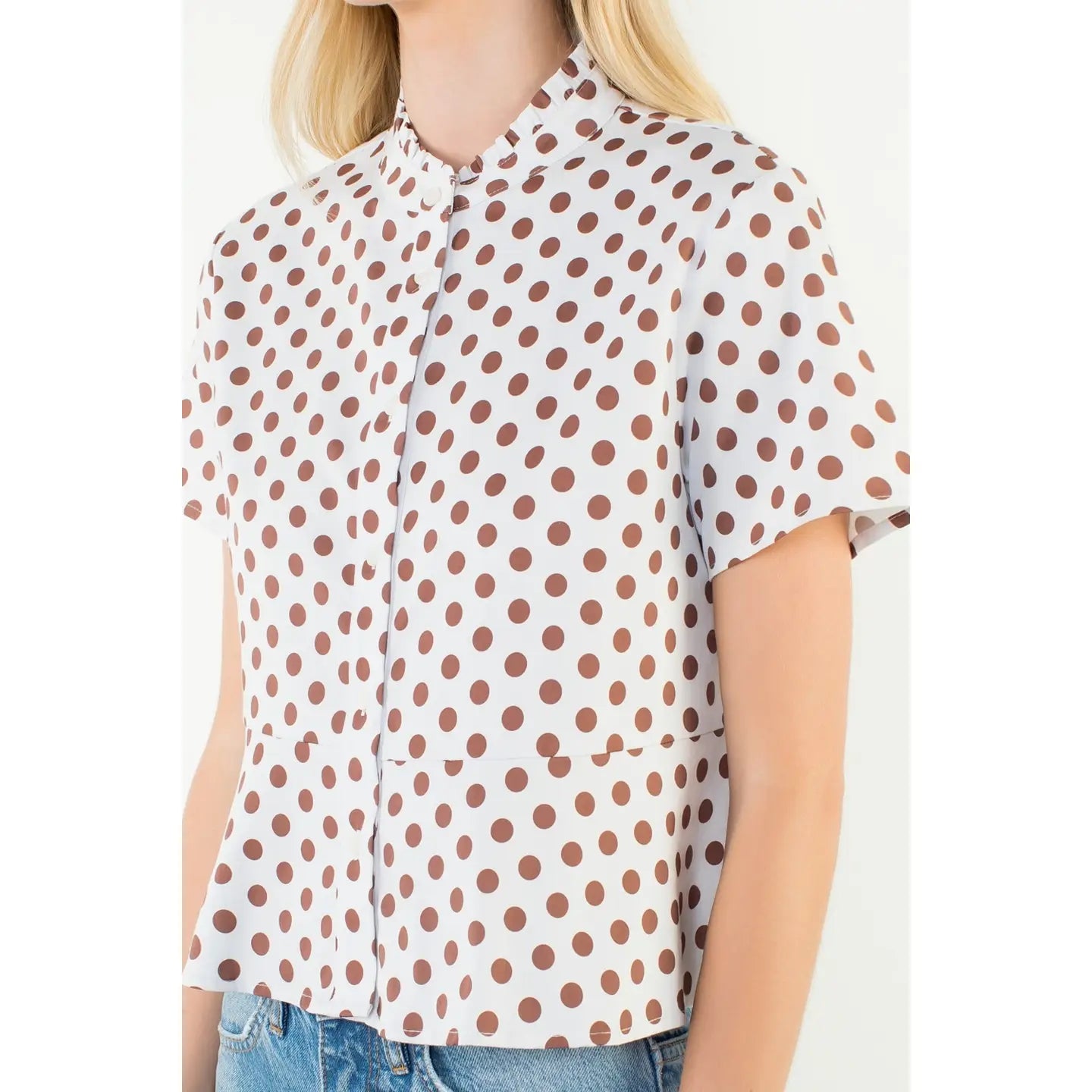 Short Sleeve Polka Dot Button Down Top