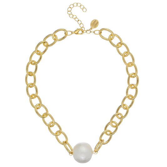 Gold Chain with Center Large Cotton Pearl Necklace
