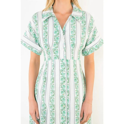 Short Sleeve Pattern Detail Button Down Dress