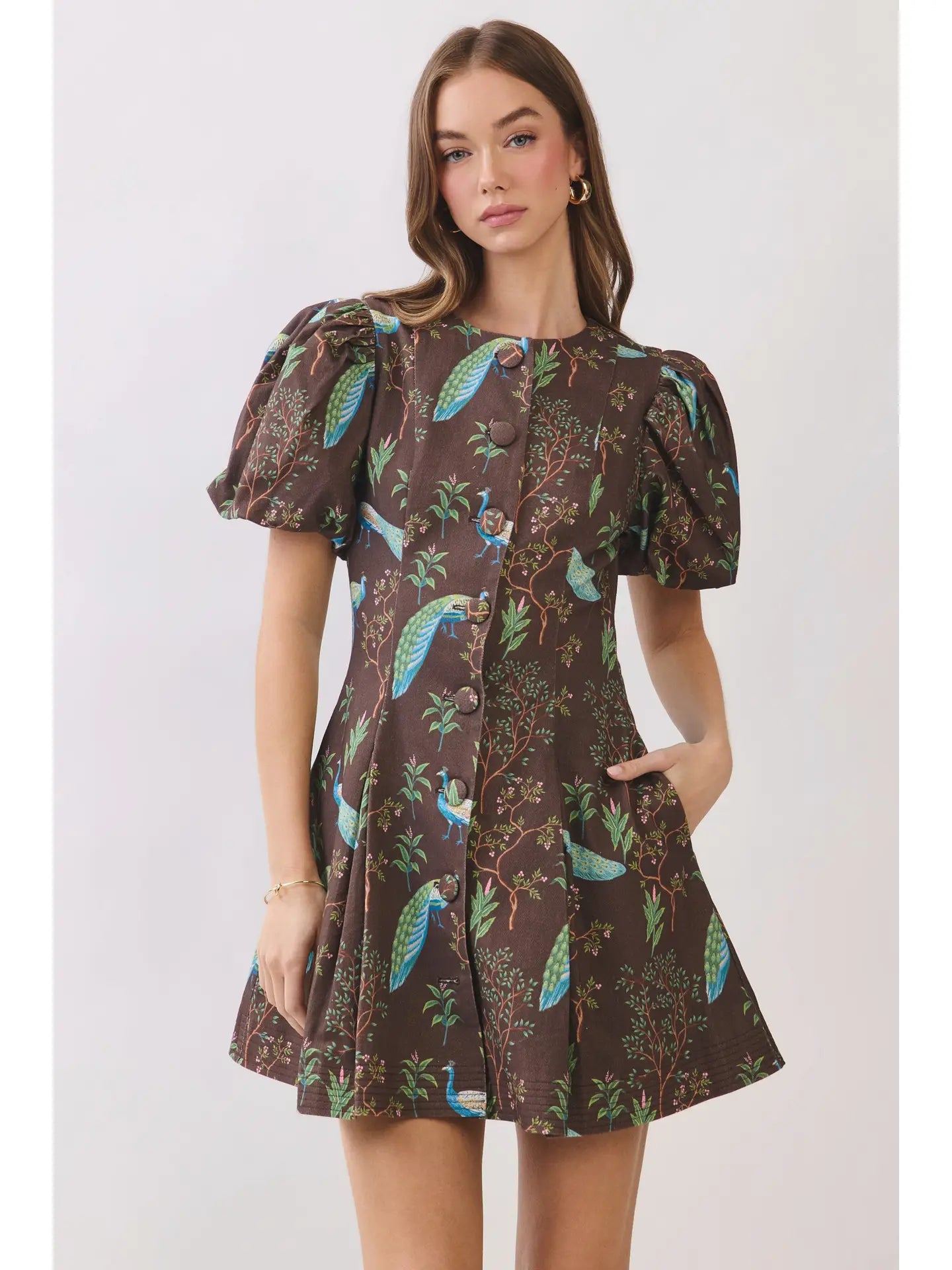 Peacock Print Puff Sleeve Button Down Mini Dress