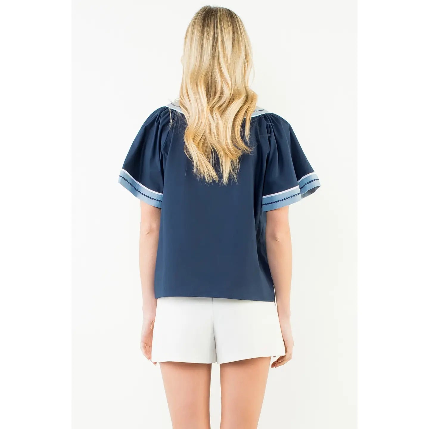 Wide Sleeve Contrast Trim V-Neck Top