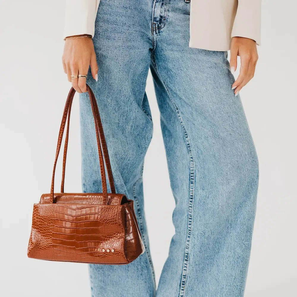Kris Croc Embossed Shoulder Bag Brown