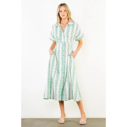 Short Sleeve Pattern Detail Button Down Dress