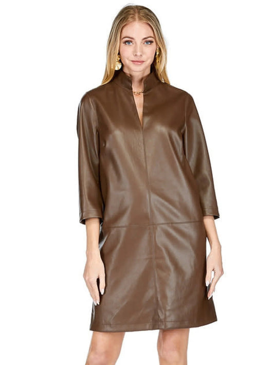 Wren Chocolate Stand Collar Faux Leather Dress