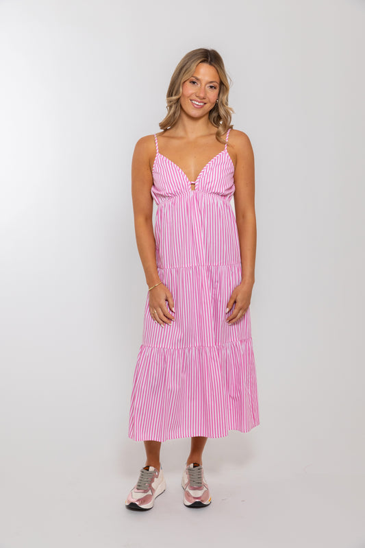 Stripe Poplin Cami Tier Midi Dress Pink stripe